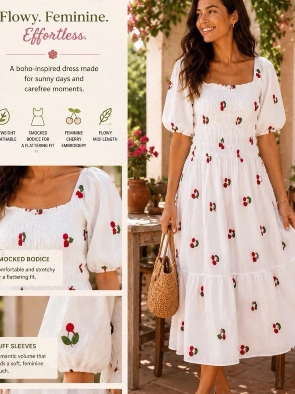 Women’s kindred White Midi Dress with Red Cherry Embroidery xl
